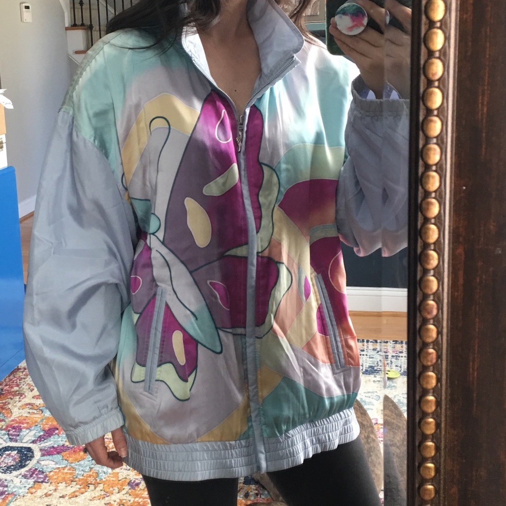 Vintage silk hand painted butterfly bomber jacket